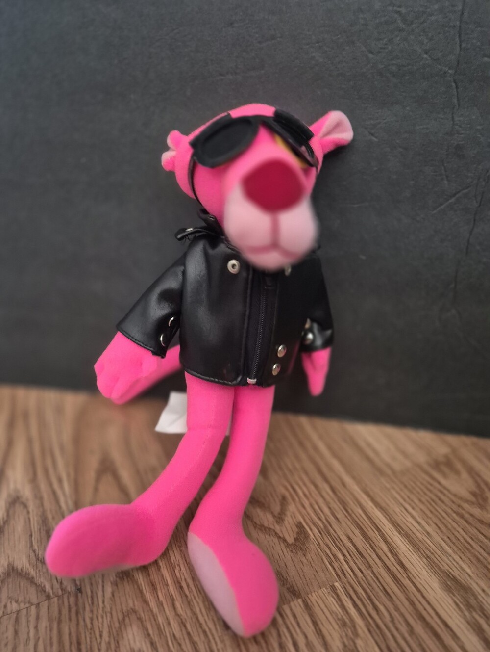 Vintage Pink Panther Stuffed Animal with Black Jacket and Sunglasses